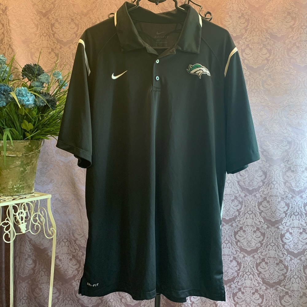 Nike Dry Fit Athletic Polo with Bronco Head Logo 3-Button Black White & Green